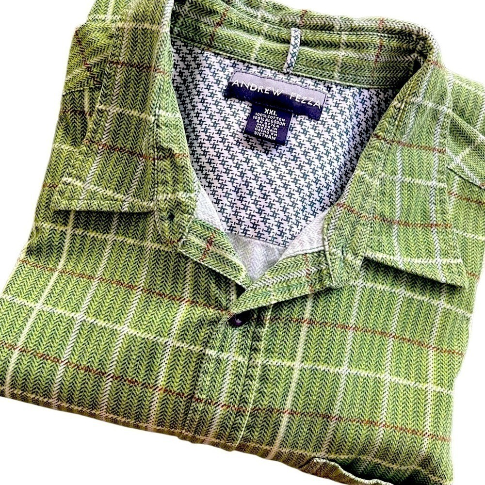 Andrew Fezza Mens Gorpcore Flannel Shirt Long Sleeve XXL Green Plaid Herringbone